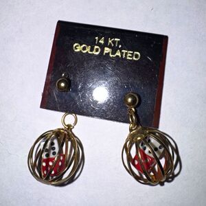 14K Gold Plated Dice Charm Dangle/Drop Earrings Beads Butterfly Closure Lobe